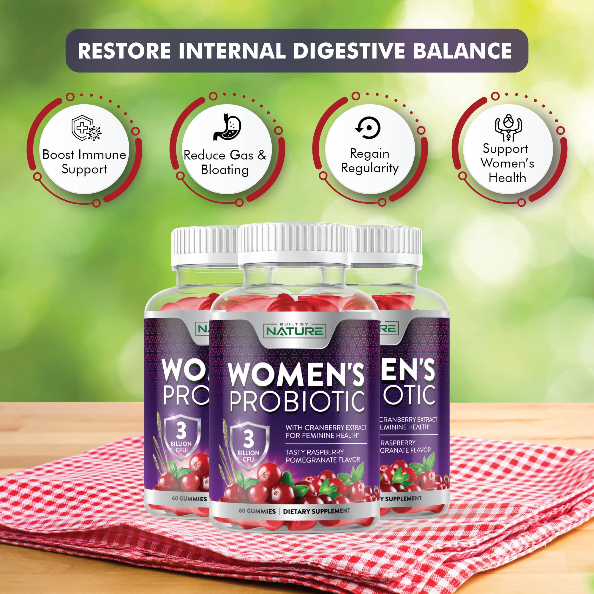 Built by Nature Probiotics for Women cranberry flavor boosts palate during the day.