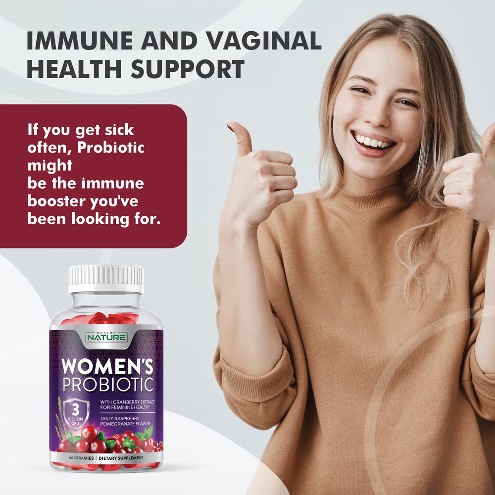 Built by Nature Probiotics for Women gummies on kitchen counter, convenient daily wellness.