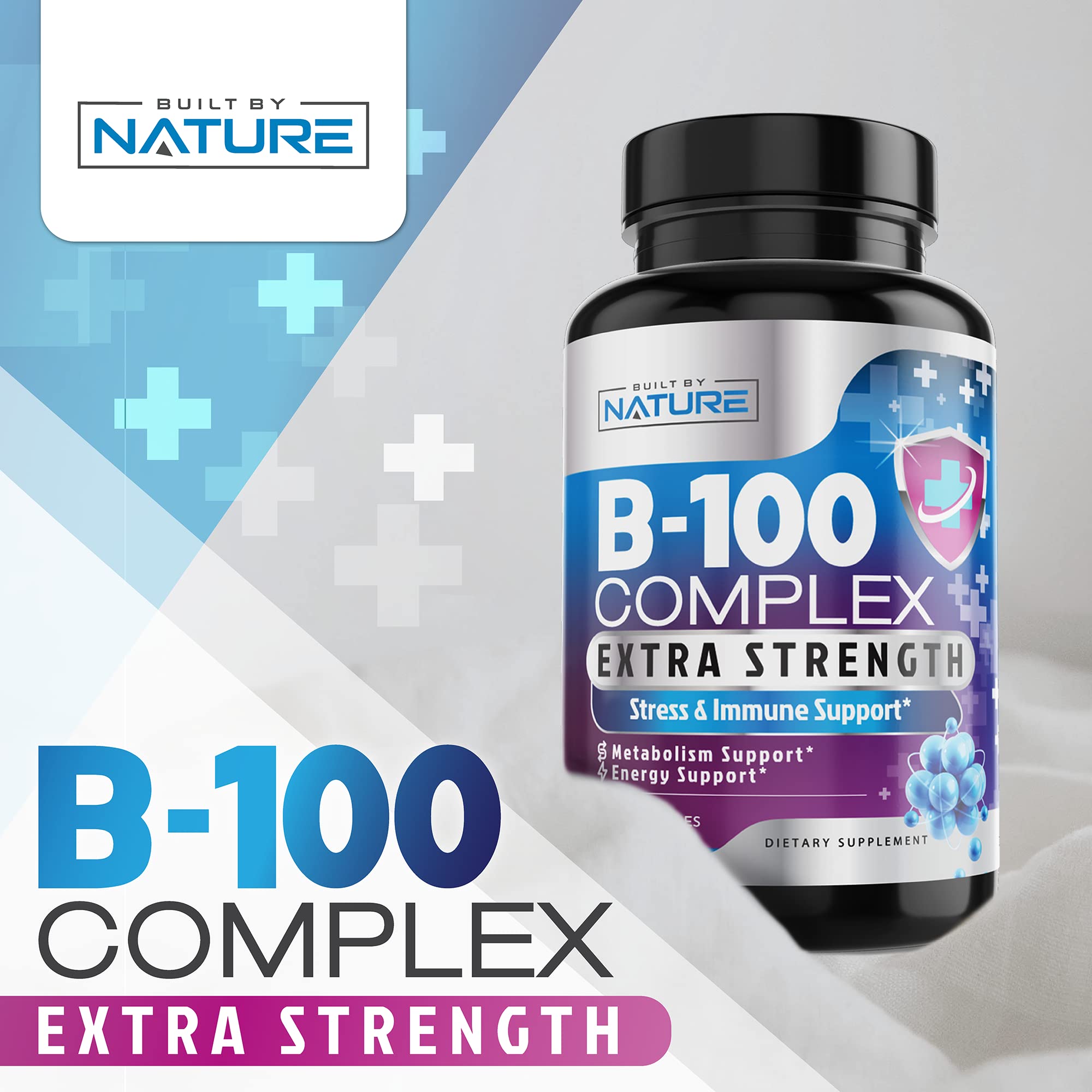 Built By Nature Super B Complex capsules close-up highlighting vitamin-rich formula.