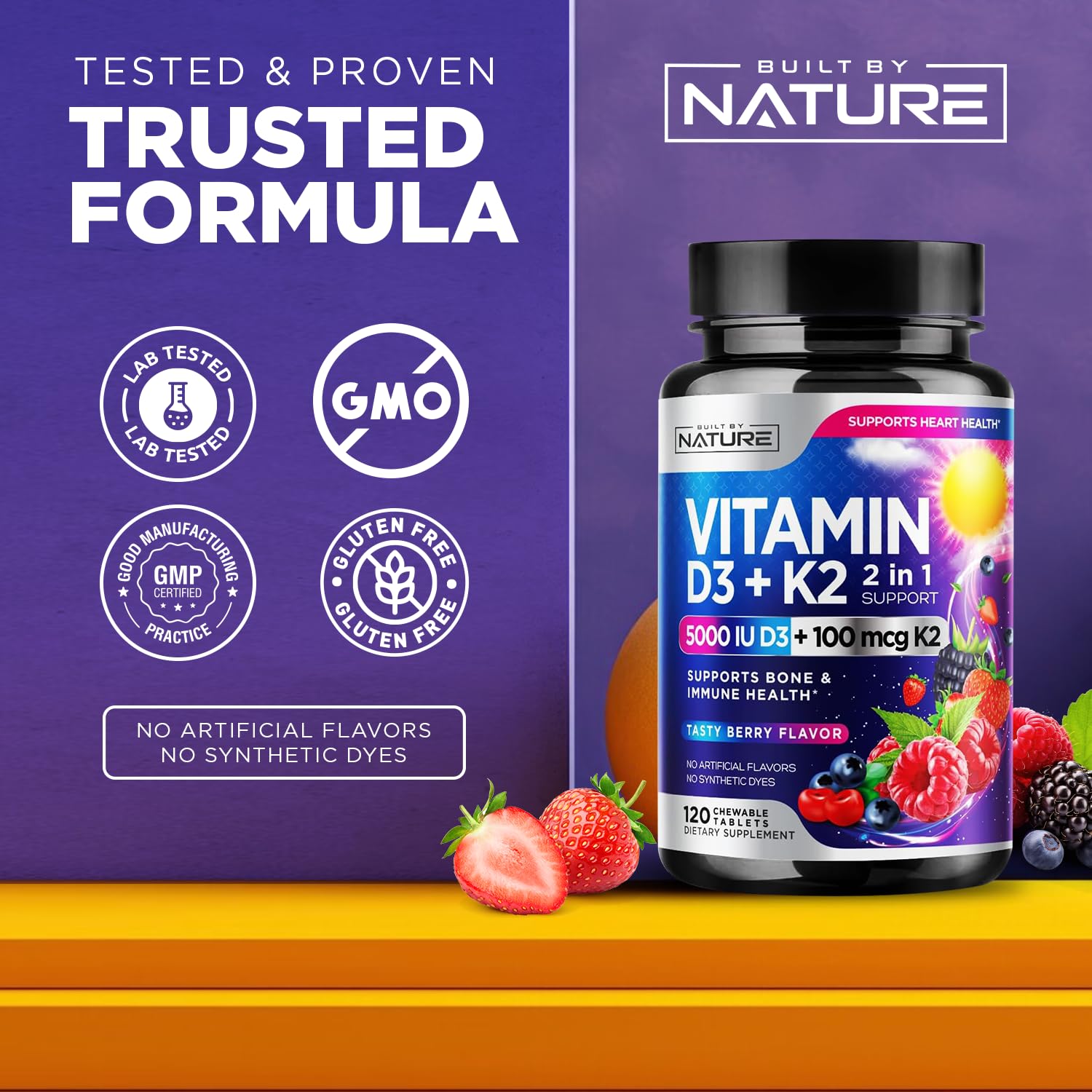 Built by Nature Vitamin D3 K2 chewable berry bottle back nutrition label