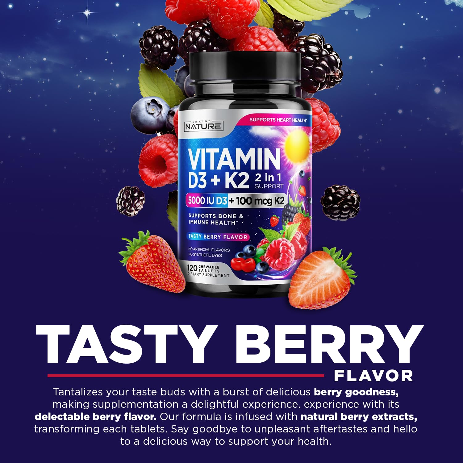 Built by Nature Vitamin D3 K2 chewable berry label highlights non-GMO claim