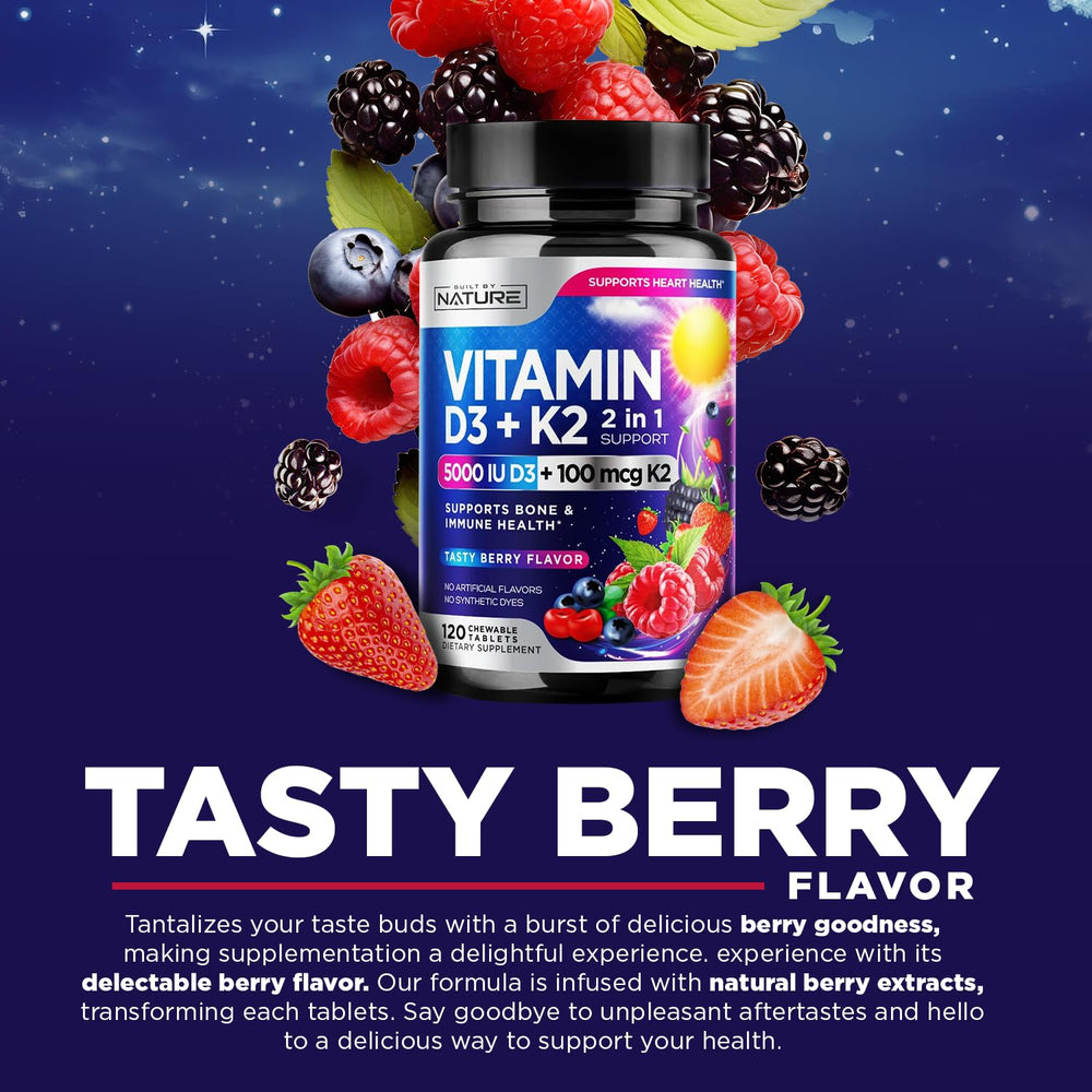 Built by Nature Vitamin D3 K2 chewable berry label highlights non-GMO claim