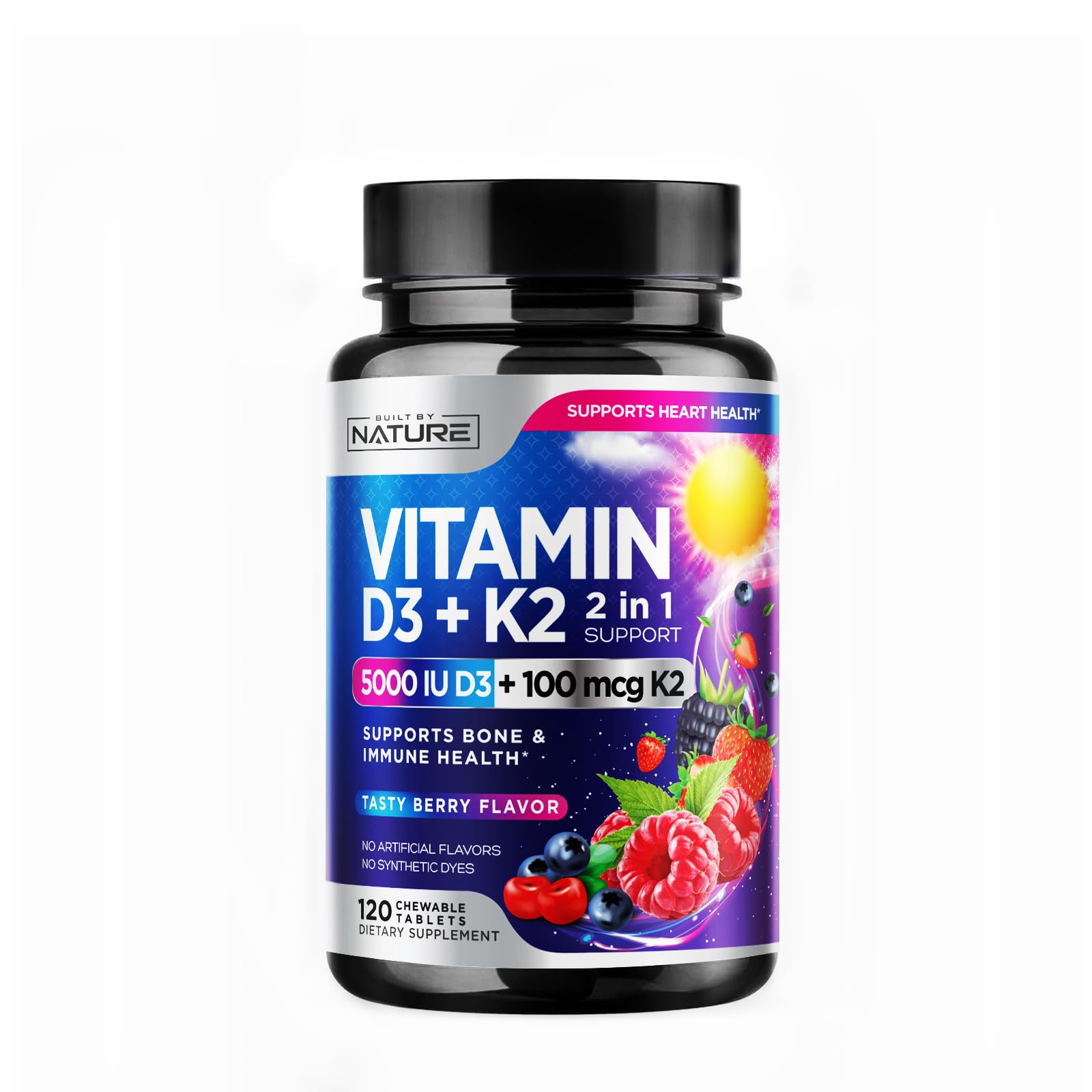 Built by Nature Vitamin D3 K2 chewable berry-tablet close-up for bone and immune support