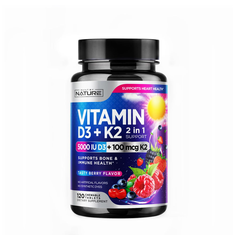 Built by Nature Vitamin D3 K2 chewable berry-tablet close-up for bone and immune support