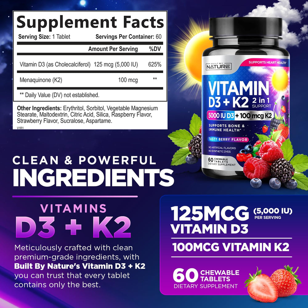 Built By Nature vitamin D3 K2 chewables berry tablets pour view highlighting convenient daily dose.