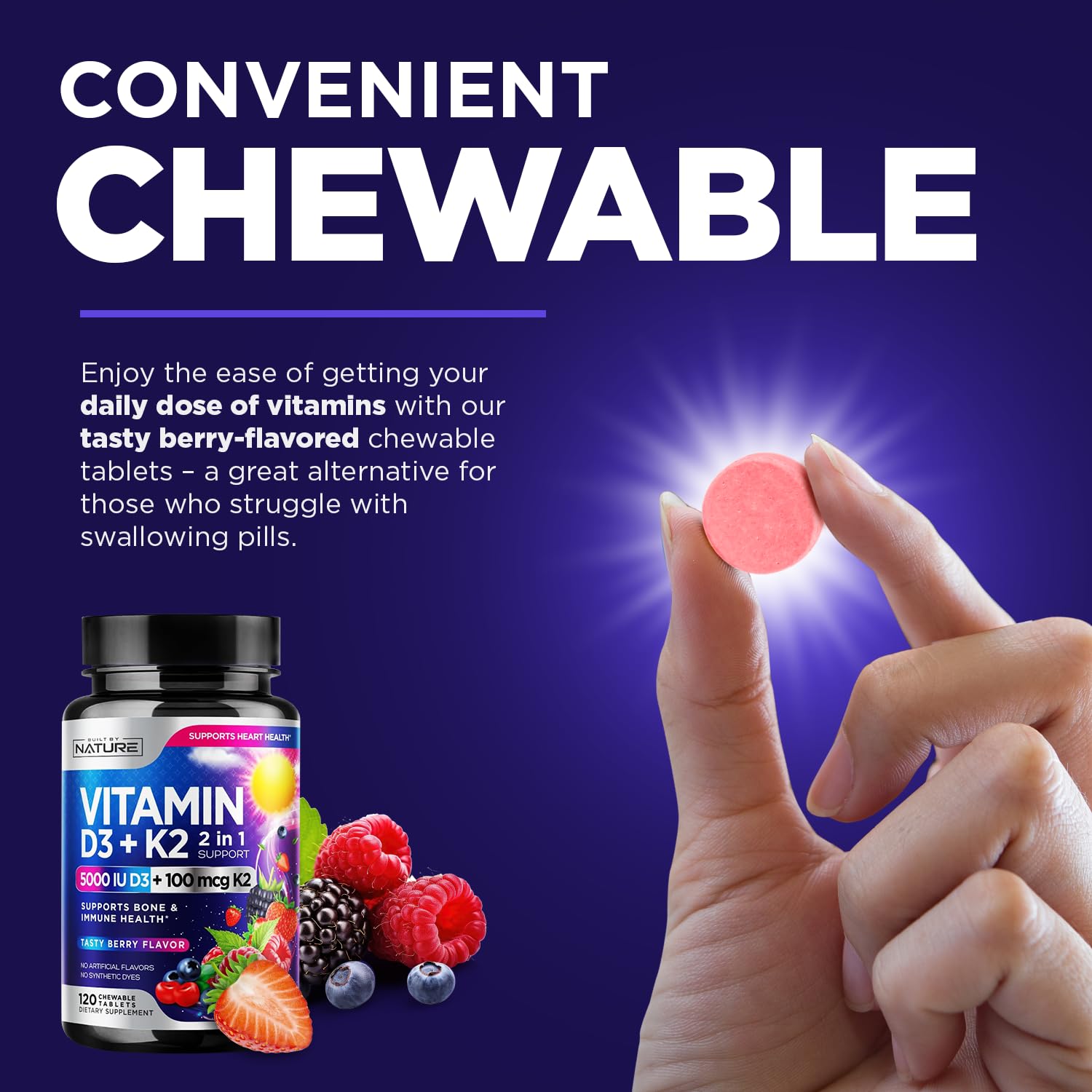 Built by Nature Vitamin D3 K2 chewable tablets close-up for daily wellness