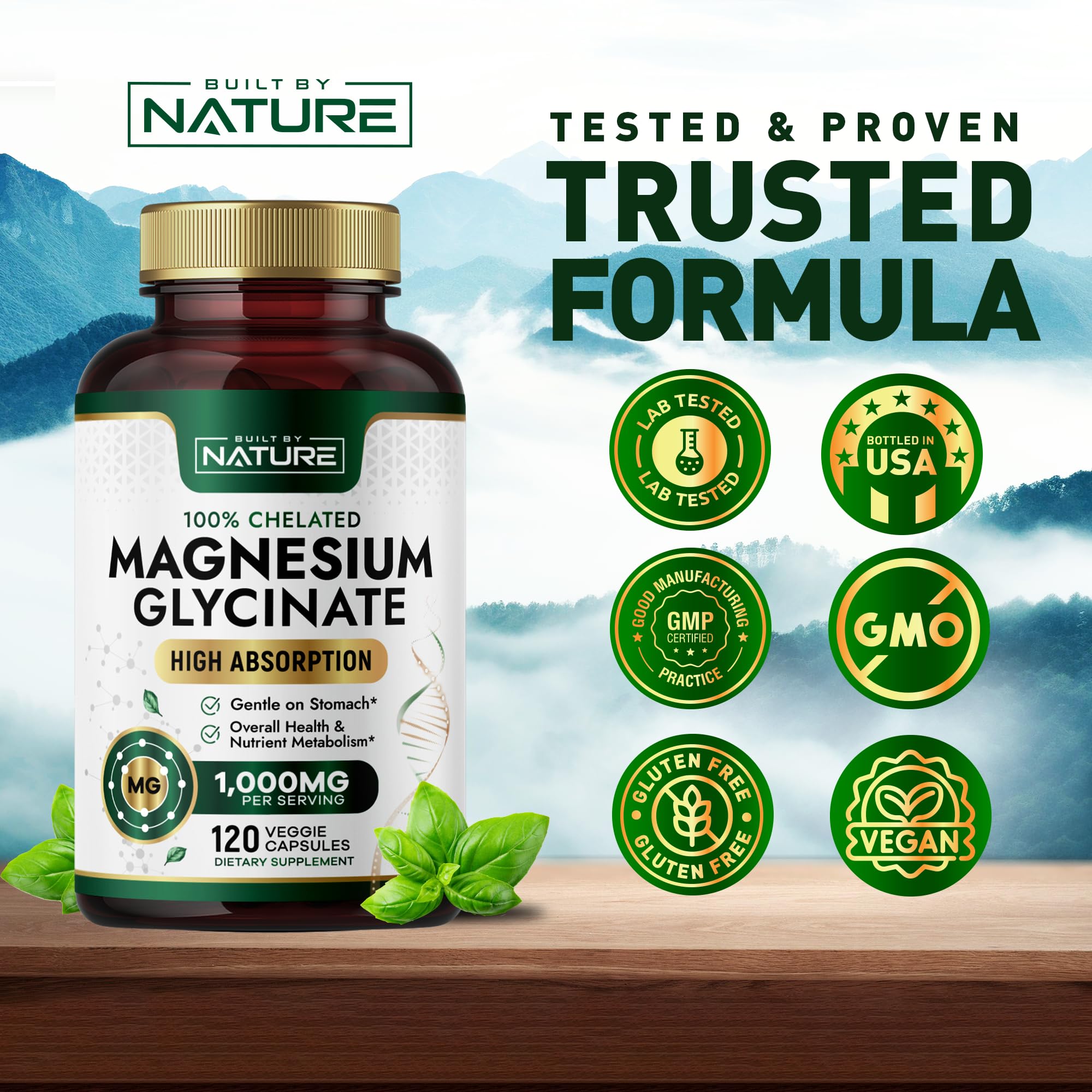 Built By Nature glass of water with pills suggests simple daily intake.