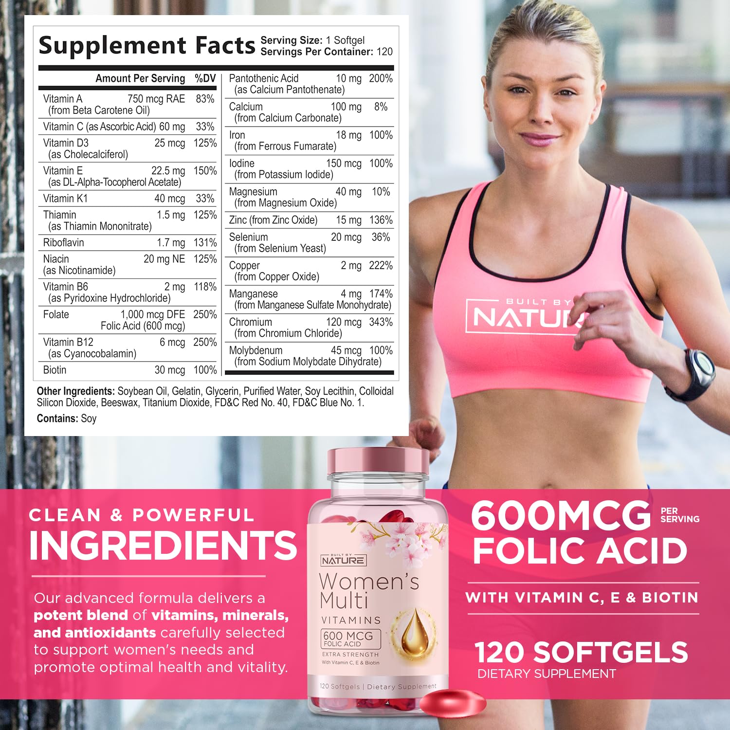 Built by Nature label closeup highlighting vitamins and minerals.