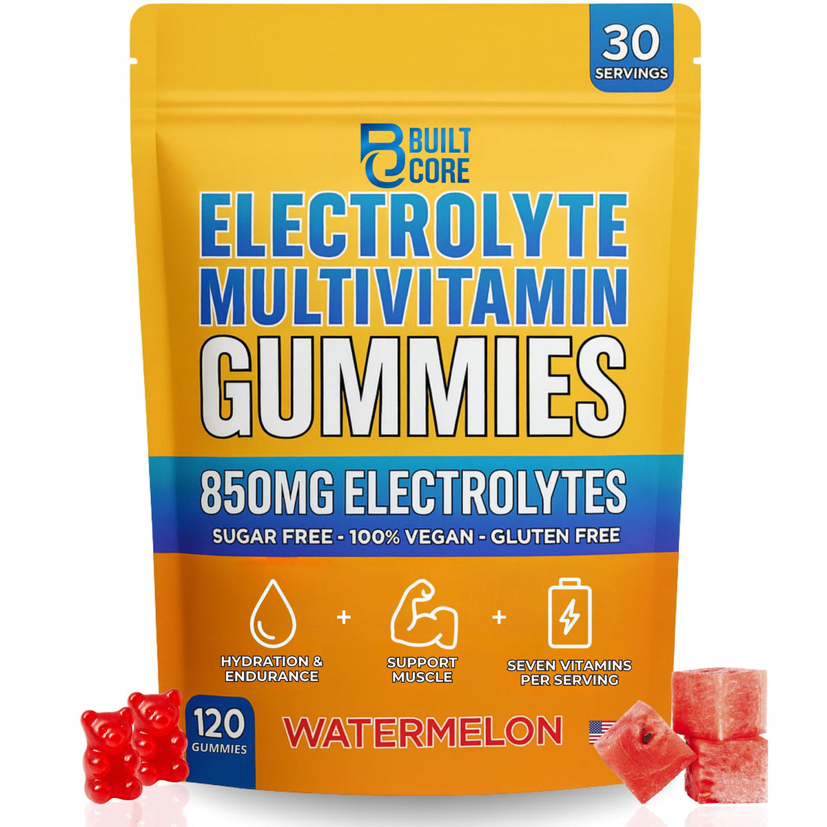 BuiltCore Electrolyte Gummies watermelon bottle label for clean hydration on the go.