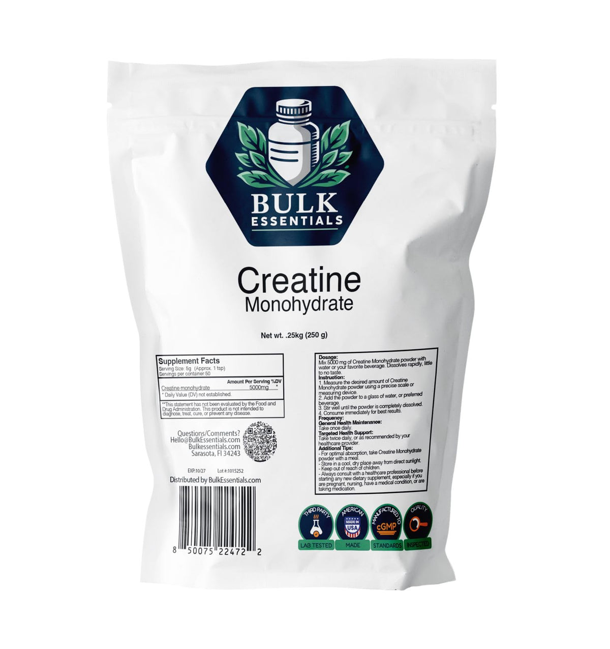 Bulk Essentials creatine monohydrate powder bottle pour for easy dissolution and daily strength support