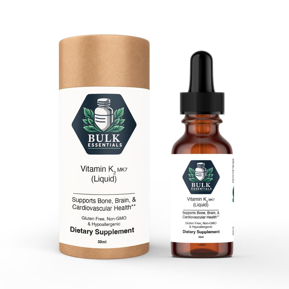 Bulk Essentials K2 MK-7 drops bottle on a clean kitchen counter for daily use.