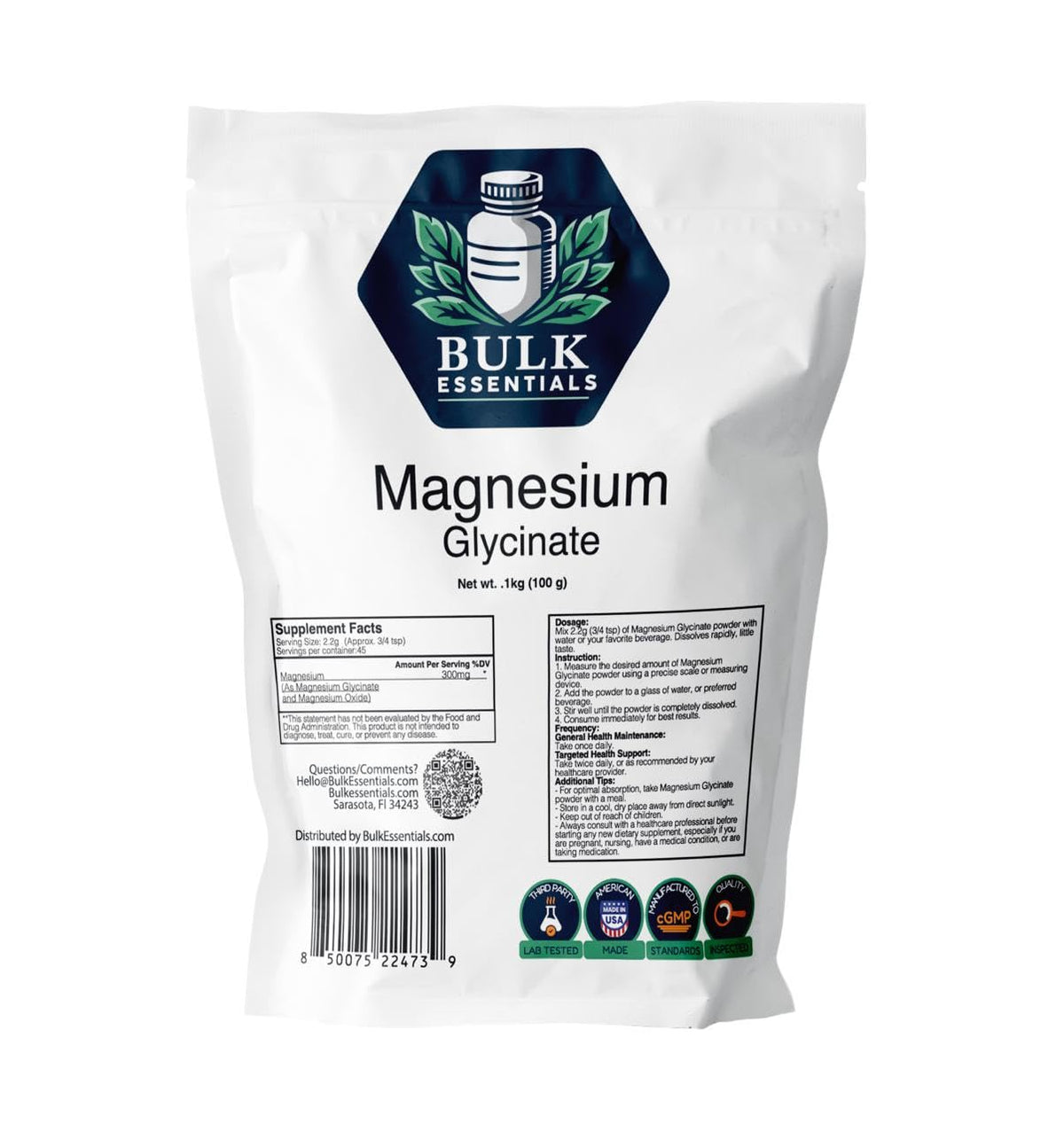 Bulk Essentials magnesium glycinate powder bottle pour supports relaxation and daily muscle recovery.