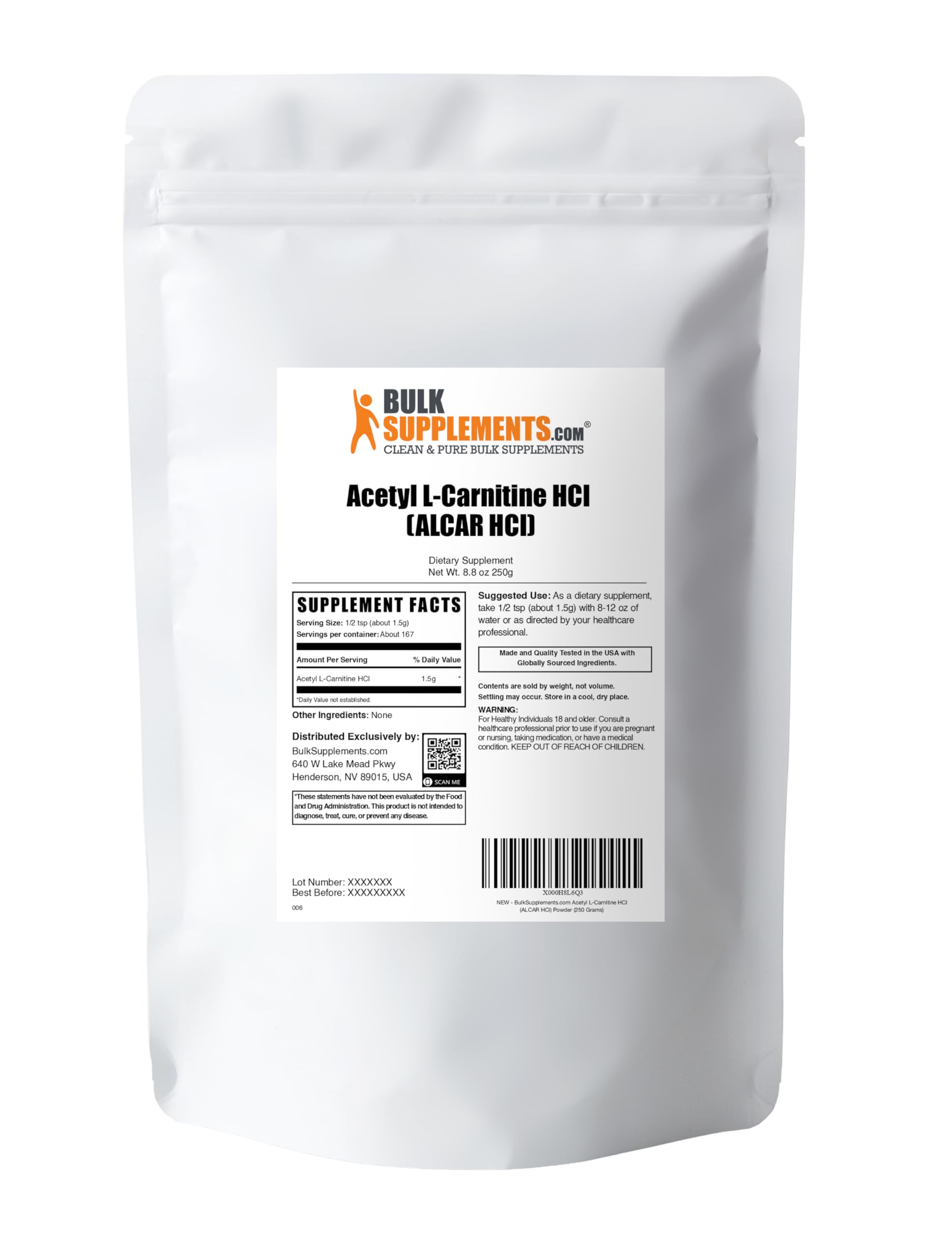 BulkSupplements Acetyl L-Carnitine powder container on kitchen counter.