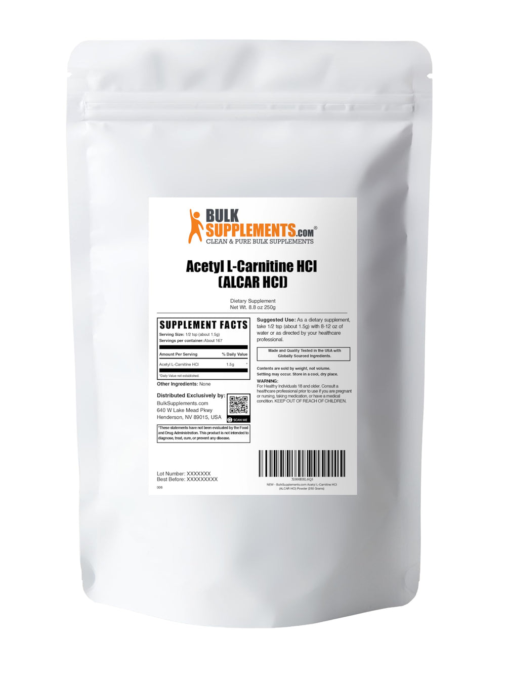 BulkSupplements Acetyl L-Carnitine powder container on kitchen counter.