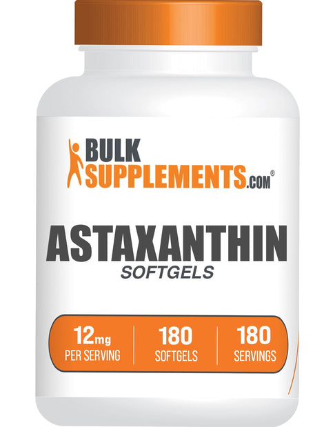 BulkSupplements Astaxanthin 12mg softgel bottle, gluten-free antioxidant support for daily use.
