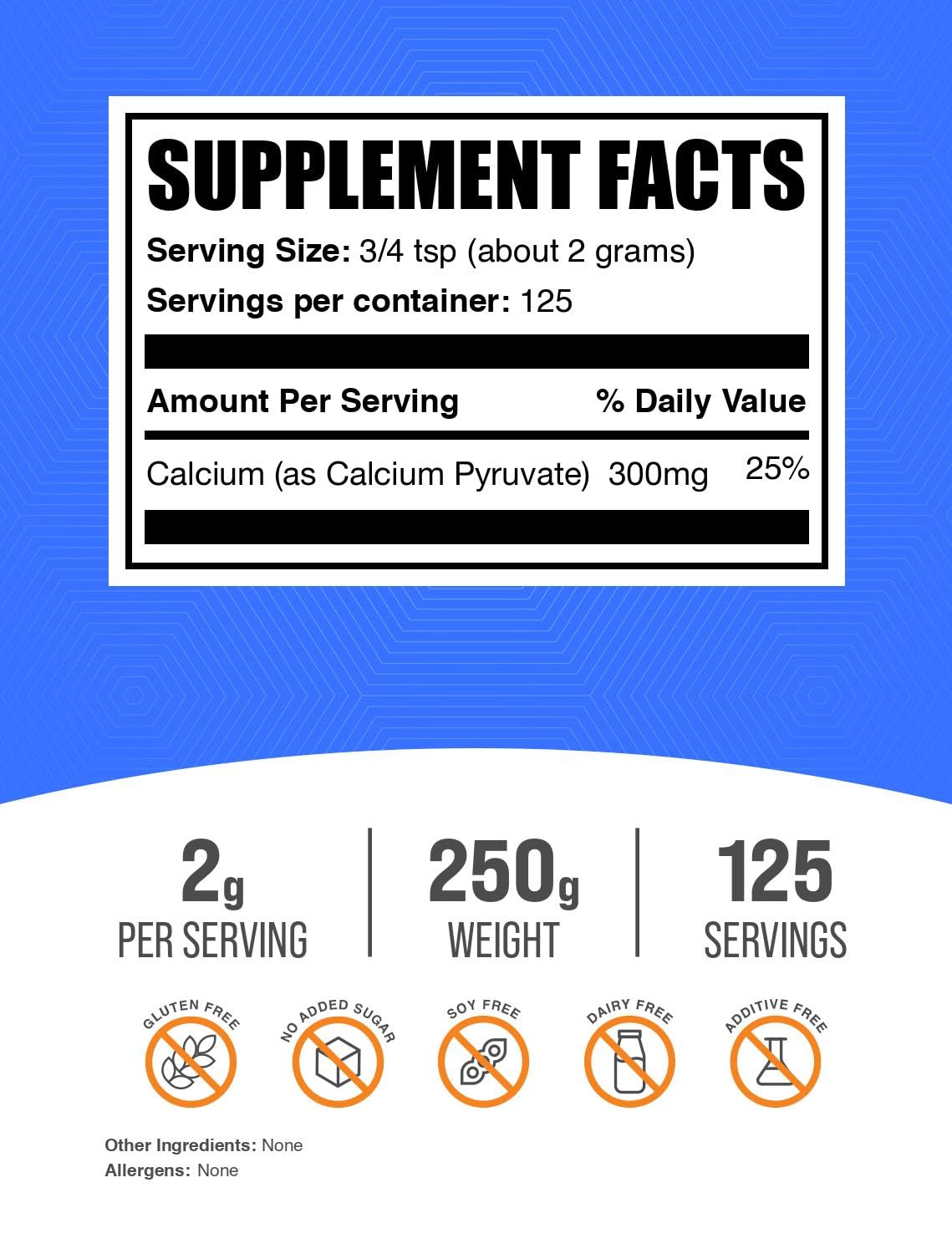 Calcium Pyruvate Powder scoop shows a 2 g portion for daily use.