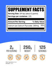 Calcium Pyruvate Powder scoop shows a 2 g portion for daily use.
