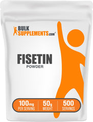 BulkSupplements Fisetin powder bottle front label showing purity and 100 mg servings for daily use