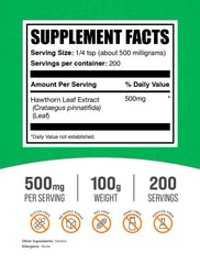 BulkSupplements Hawthorn Leaf Extract Powder label shows ingredients and testing