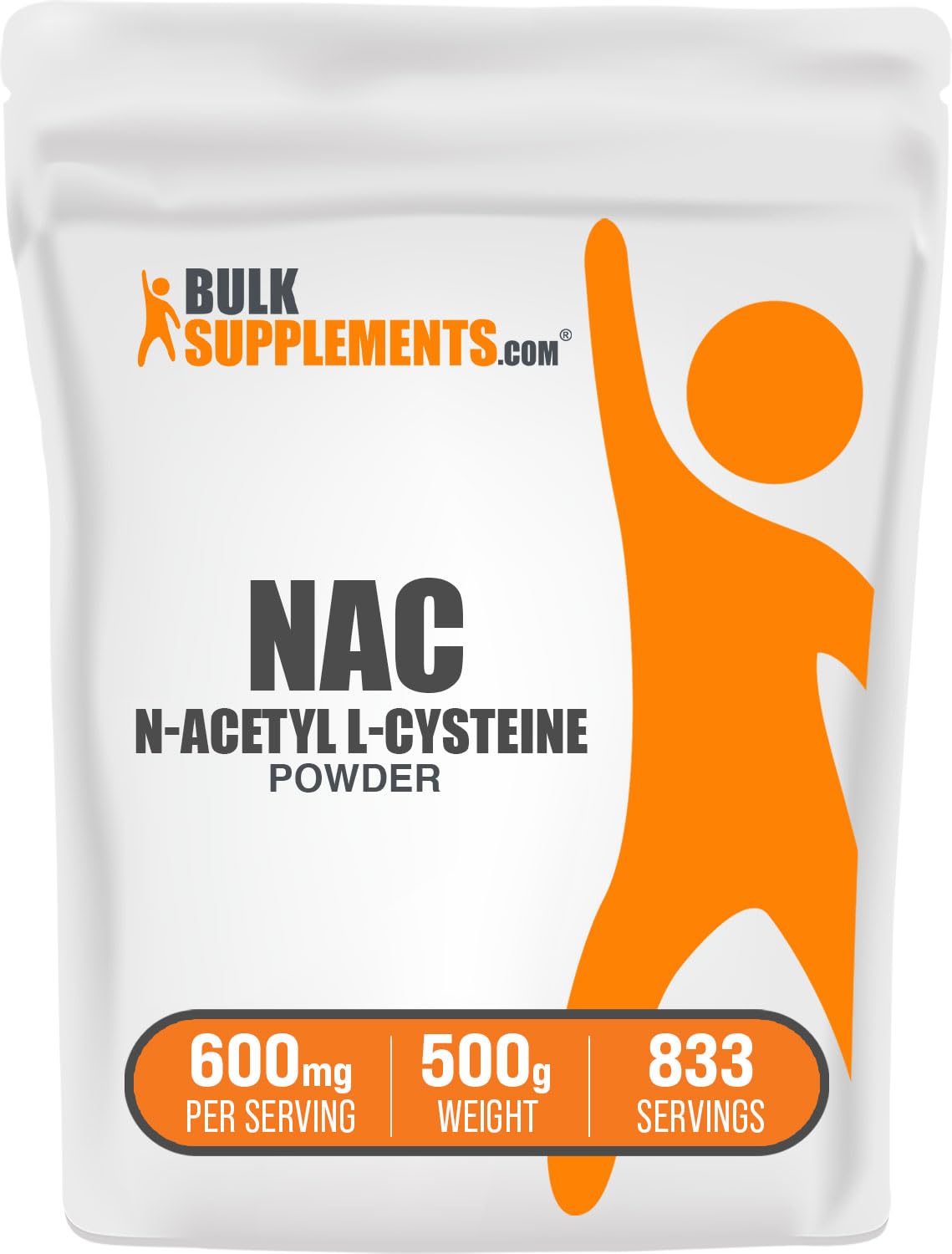 BulkSupplements NAC powder bottle shows 600 mg per serving and gluten-free label.