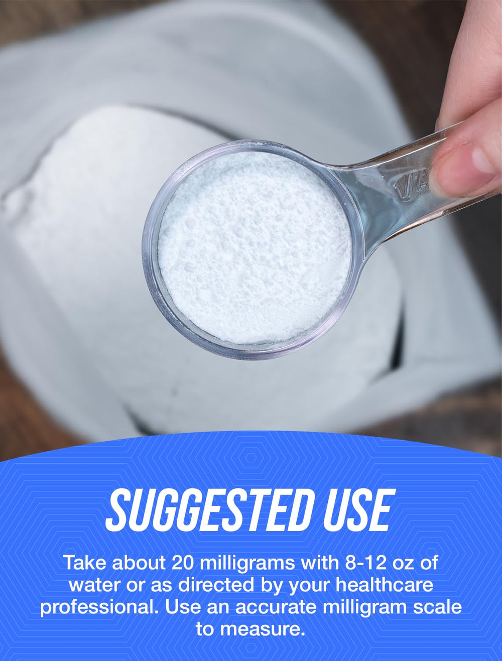 BulkSupplements Pregnenolone powder measure showing serving size for daily use.