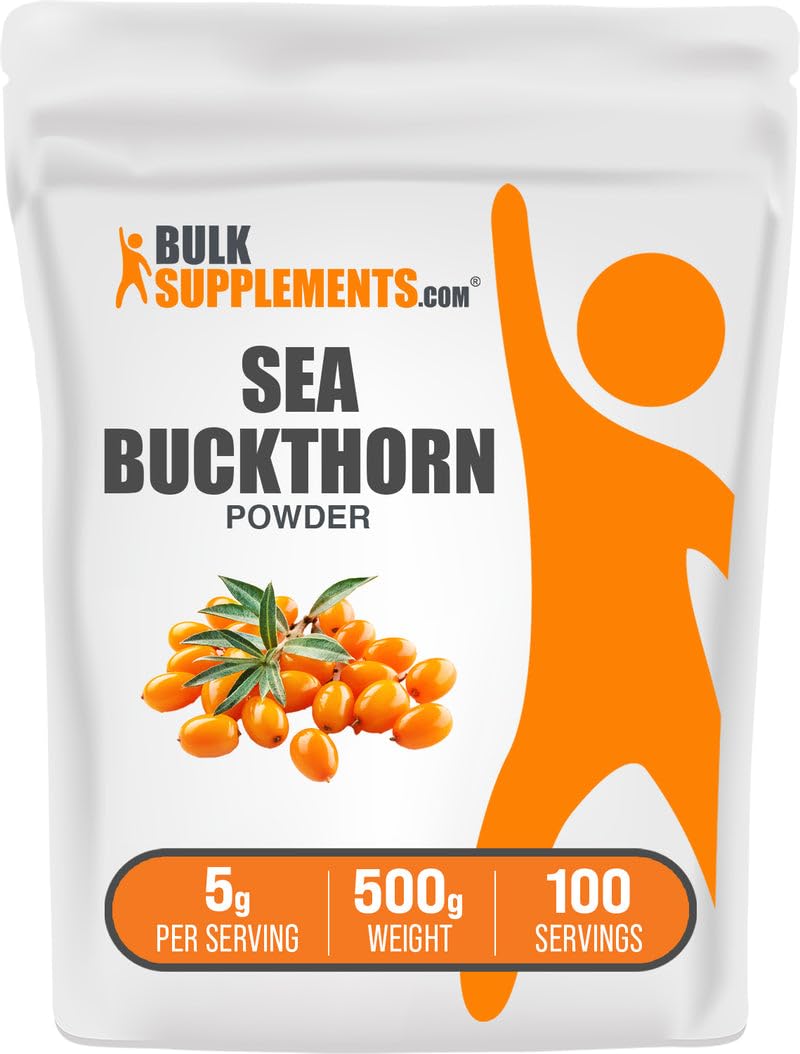 BulkSupplements Sea Buckthorn Powder bottle shown, a convenient vegan omega-7 supplement for daily nutrition.