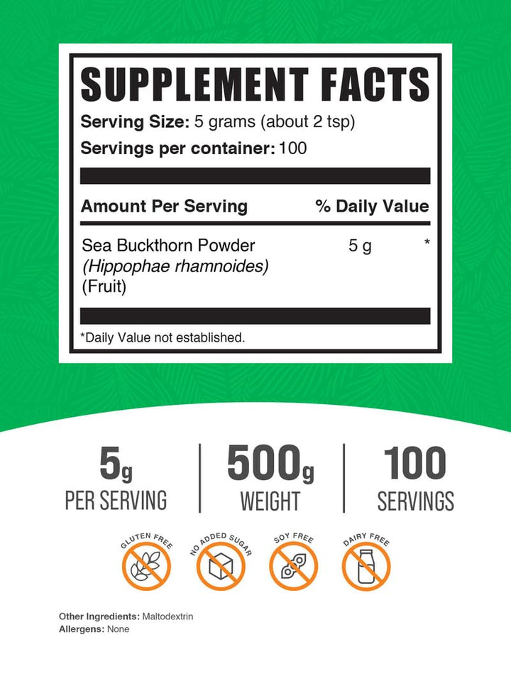 BulkSupplements Sea Buckthorn Powder jar closeup, rich in nutrients for smoothies and juices.