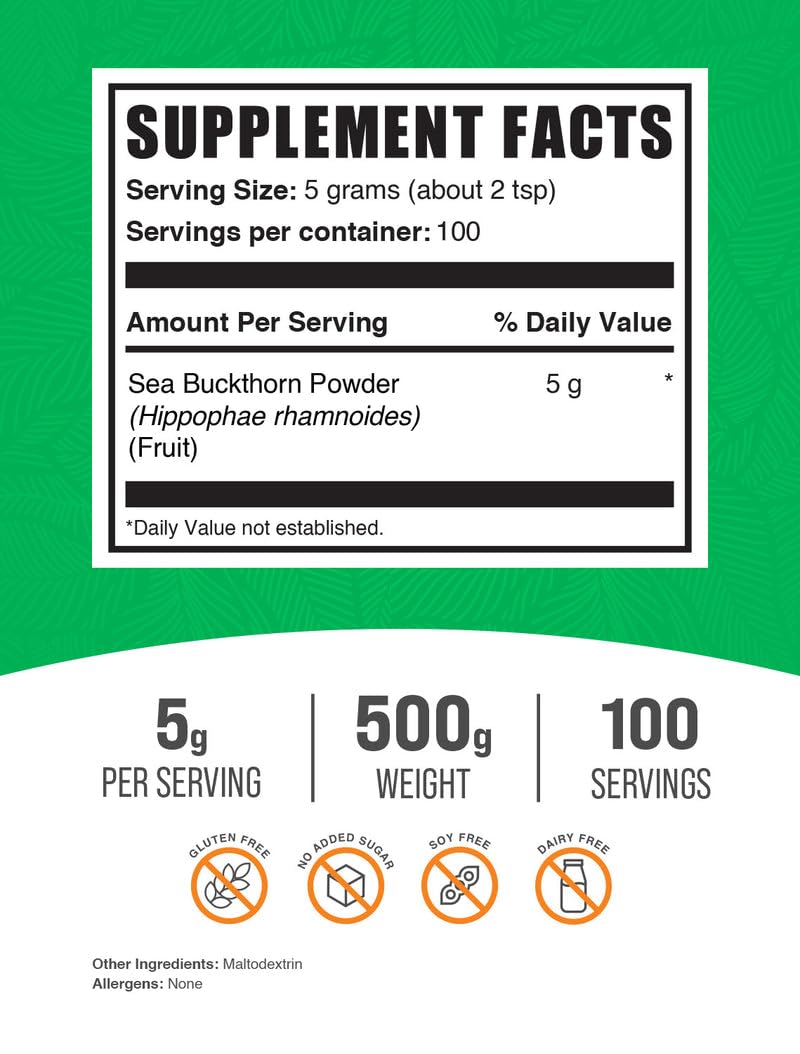BulkSupplements Sea Buckthorn Powder jar closeup, rich in nutrients for smoothies and juices.