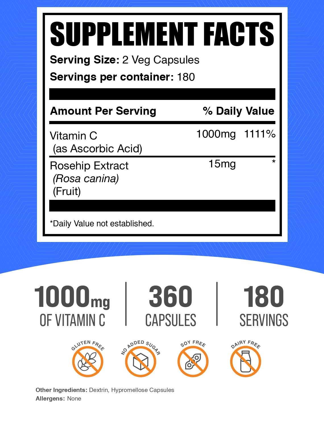 BulkSupplements Vitamin C with Rose Hips capsules prepared for two-capsule daily intake.