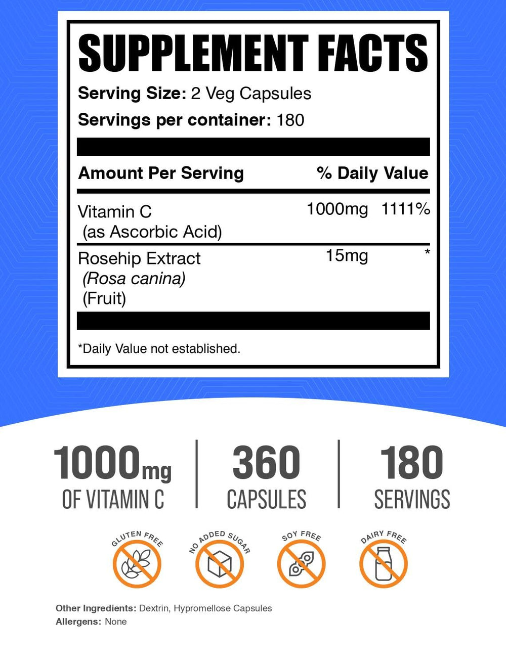BulkSupplements Vitamin C with Rose Hips capsules prepared for two-capsule daily intake.