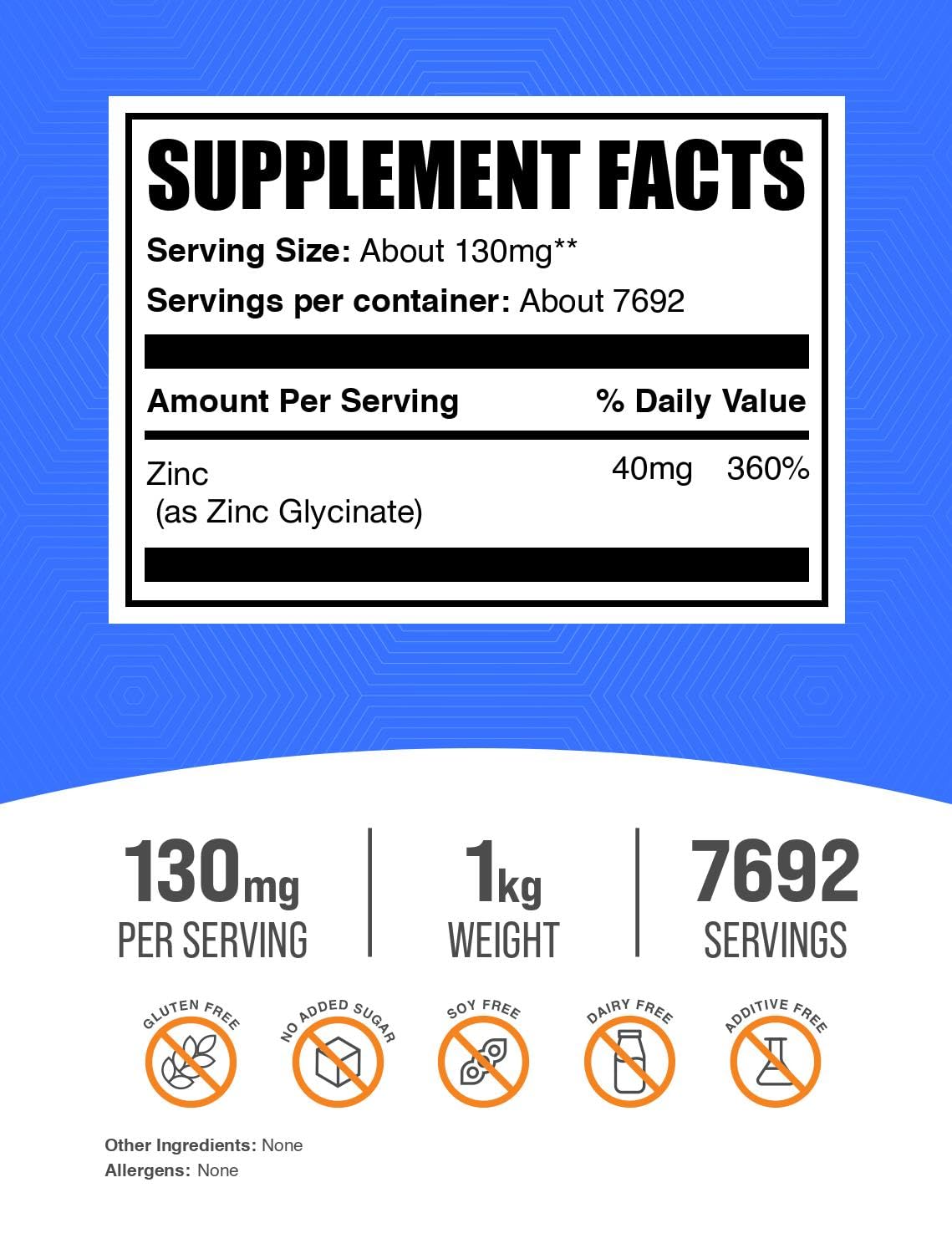 BulkSupplements Zinc Glycinate powder with scoop highlighting easy dosing.