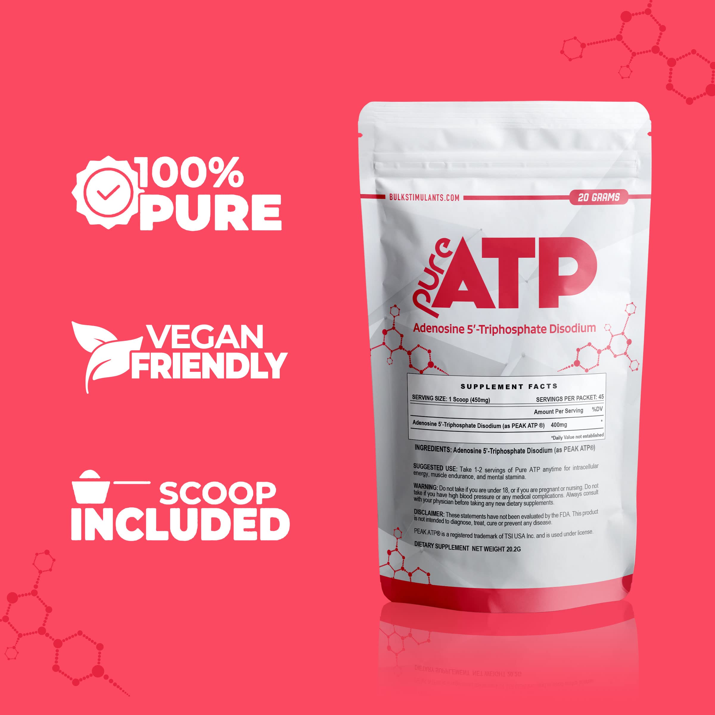 BulkStimulants Pure ATP powder label showing ingredients and dosage guidance
