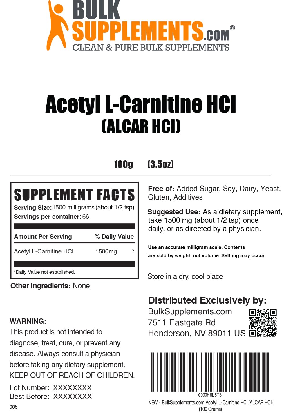 BulkSupplements Acetyl L-Carnitine powder stored in a pantry jar for easy access.