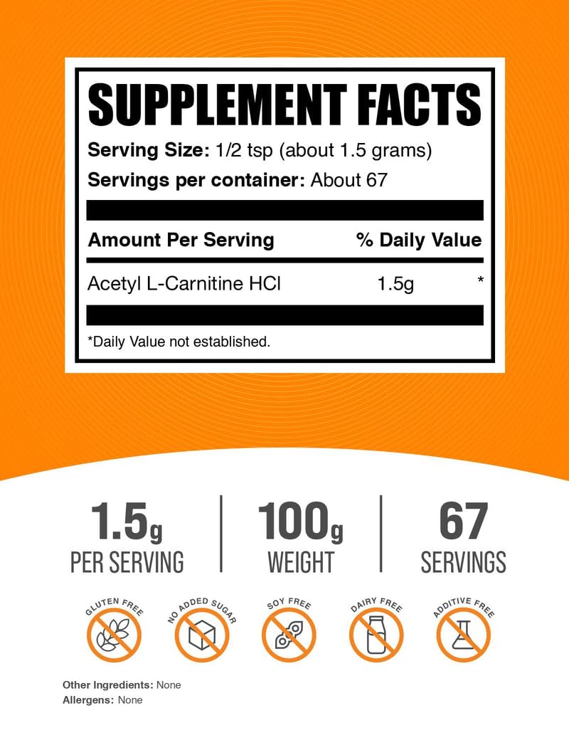 BulkSupplements Acetyl L-Carnitine powder with scoop for precise 1.5 g servings.