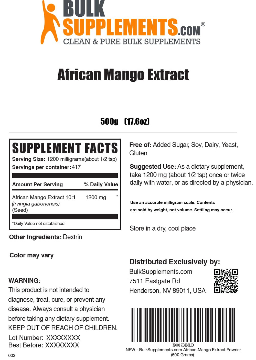 BulkSupplements African Mango Extract powder label emphasizes quality and transparency.