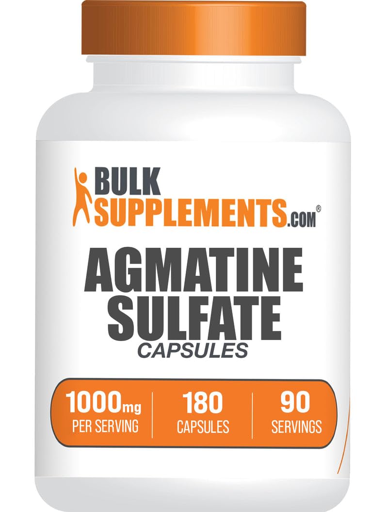 BulkSupplements Agmatine Sulfate Capsules bottle with 1000mg serving label for workouts