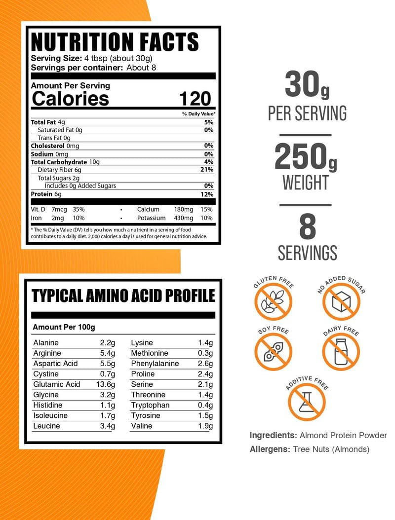 BulkSupplements almond protein powder scoop emphasizes convenient plant-based protein boost