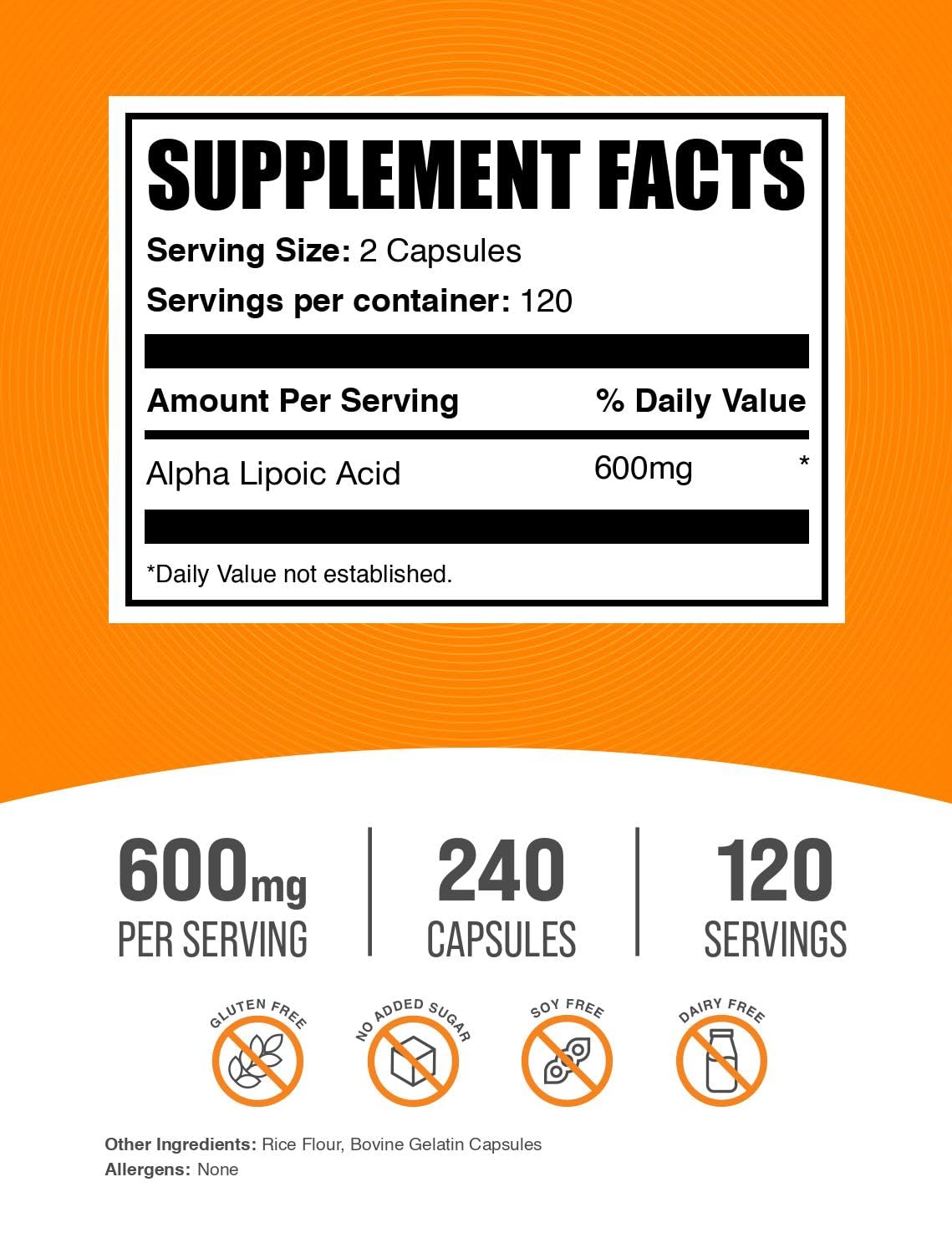 BulkSupplements Alpha Lipoic Acid 600mg capsules closeup highlighting easy-to-swallow daily supplementation