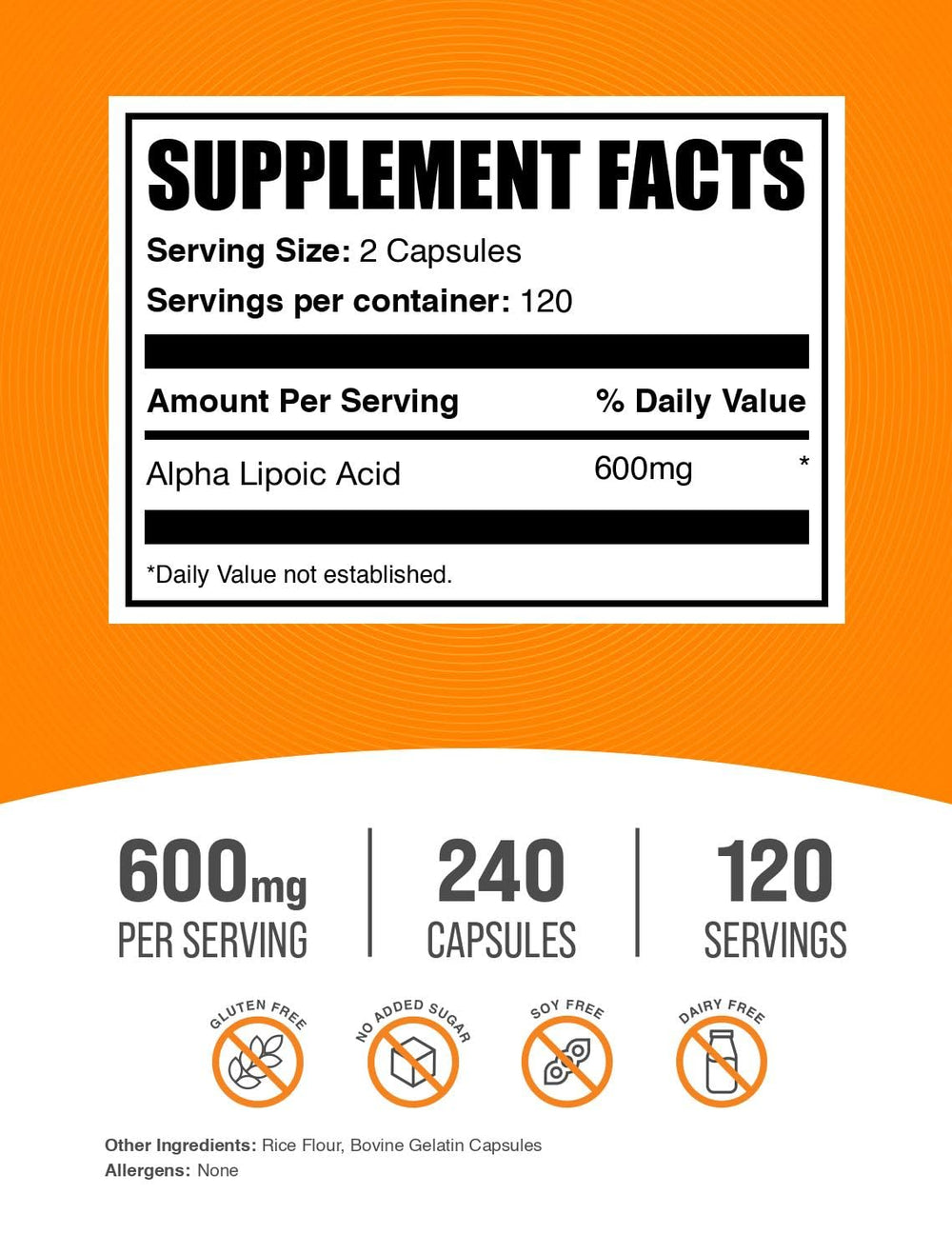 BulkSupplements Alpha Lipoic Acid 600mg capsules closeup highlighting easy-to-swallow daily supplementation