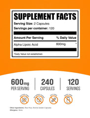 BulkSupplements Alpha Lipoic Acid 600mg capsules closeup highlighting easy-to-swallow daily supplementation