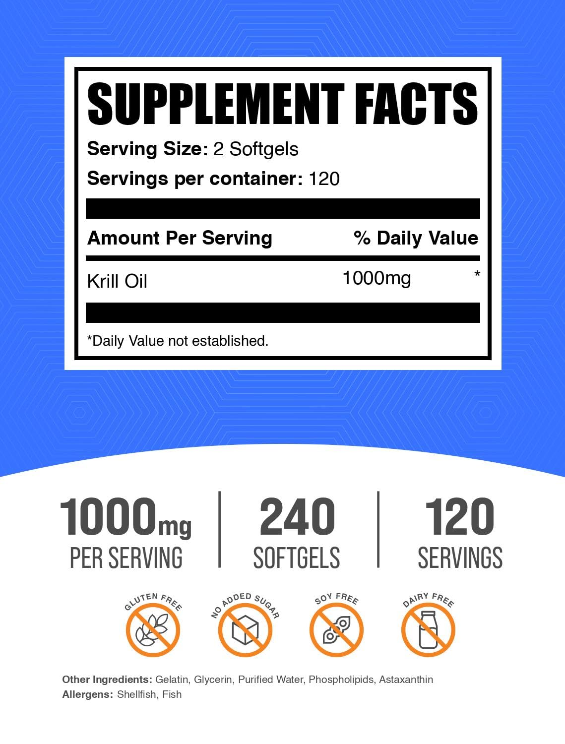 BulkSupplements Antarctic Krill Oil softgels highlighting gluten-free, DHA support.