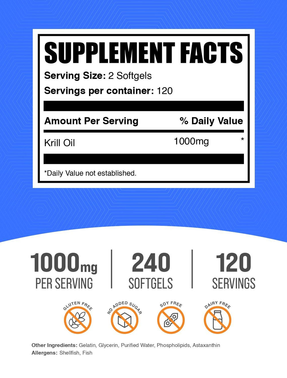 BulkSupplements Antarctic Krill Oil softgels highlighting gluten-free, DHA support.