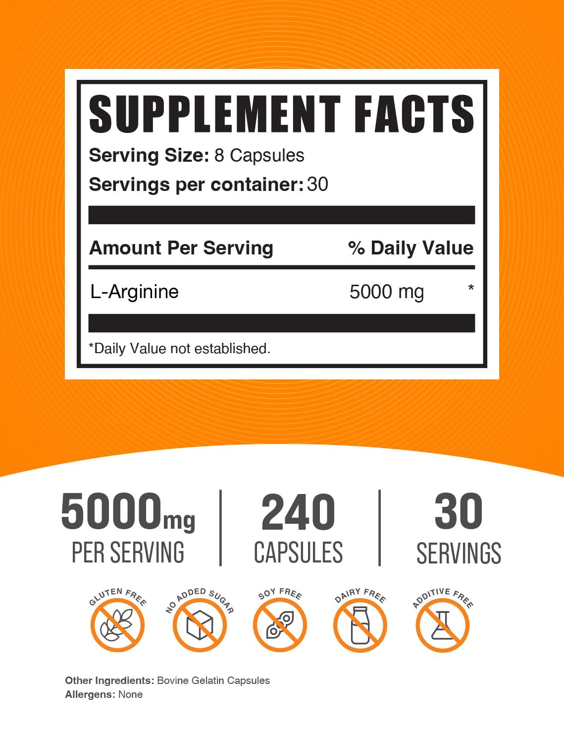 BulkSupplements L-Arginine 5000mg capsules serving highlights high-dose option for workouts