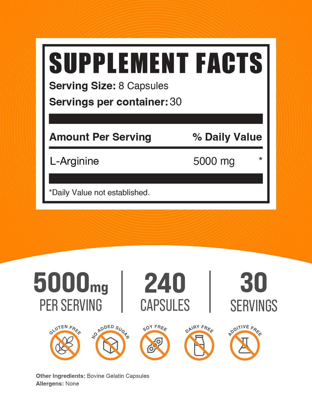 BulkSupplements L-Arginine 5000mg capsules serving highlights high-dose option for workouts