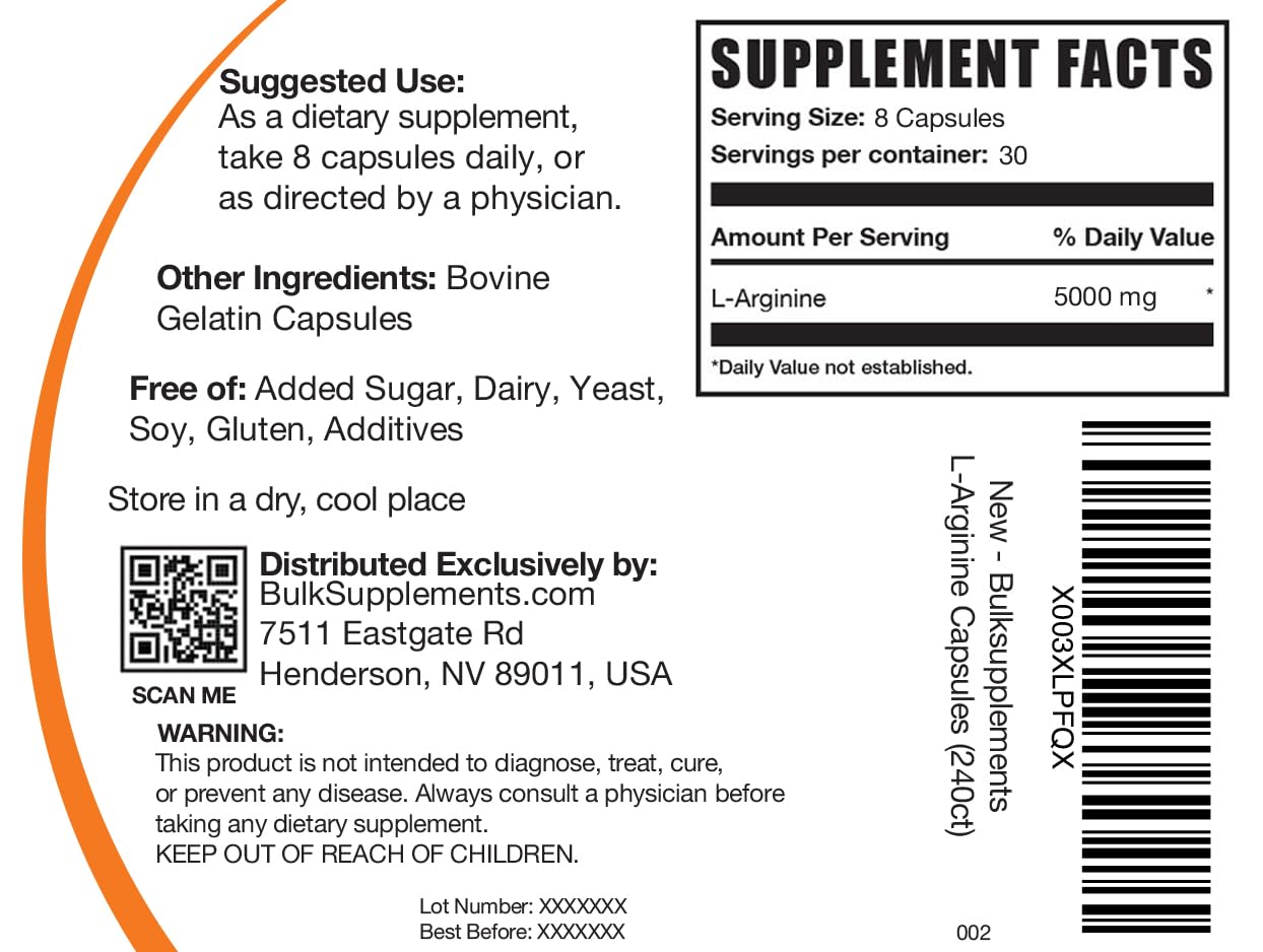 BulkSupplements L-Arginine 5000mg gluten-free pills for everyday training