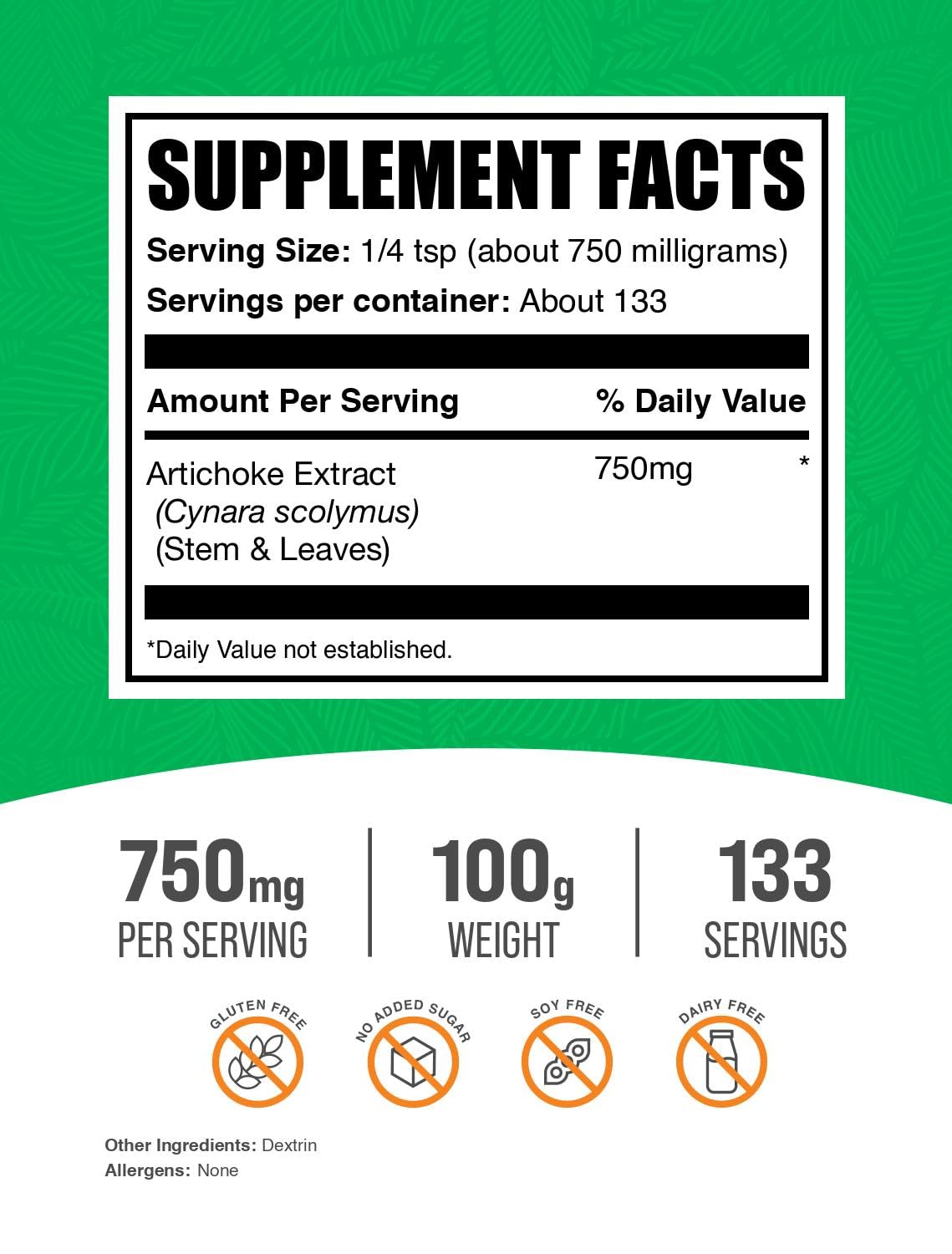 BulkSupplements Artichoke Extract Powder pack 2 view with label visible.