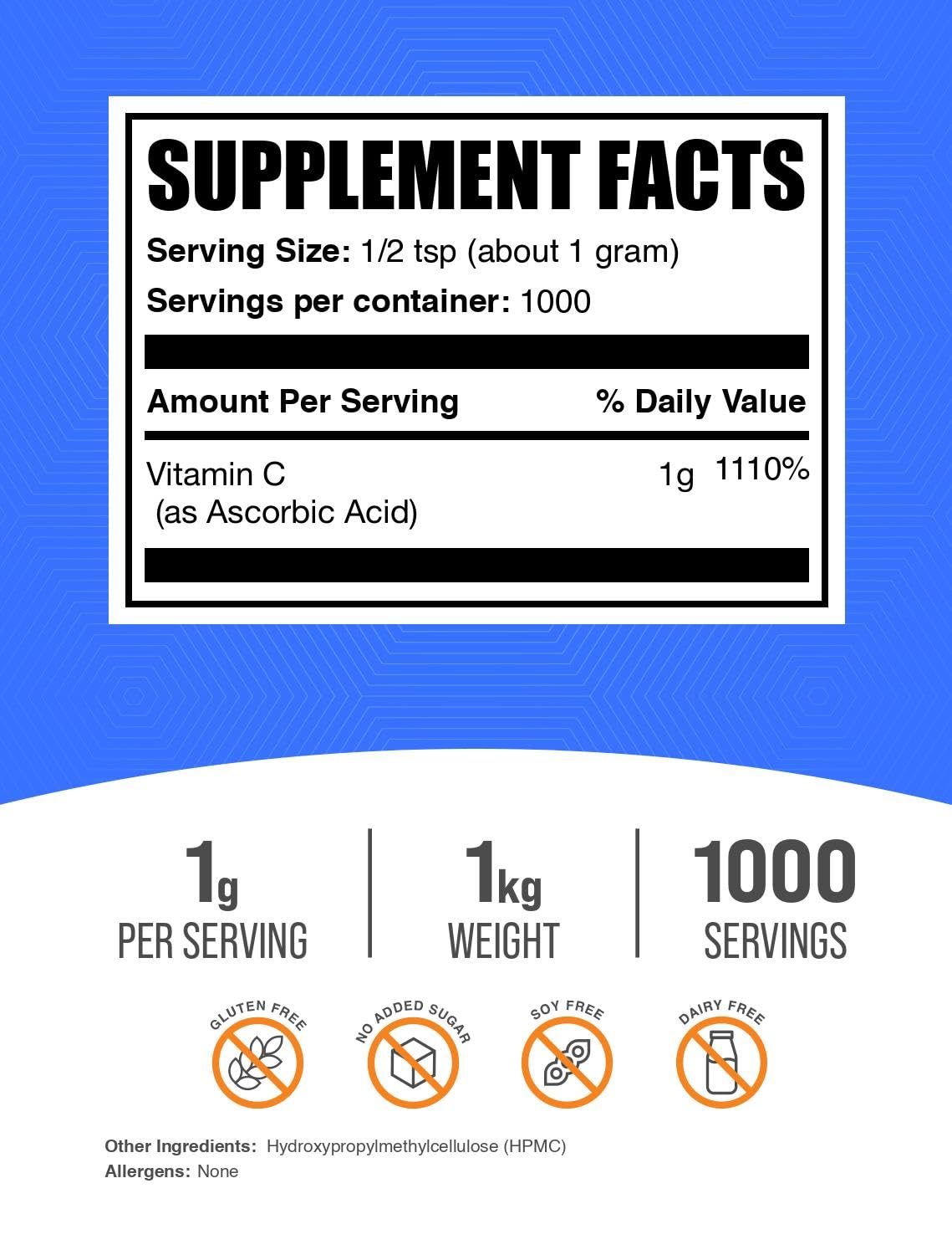 BulkSupplements Ascorbic Acid powder scoop ready for smoothie and beverage mix.