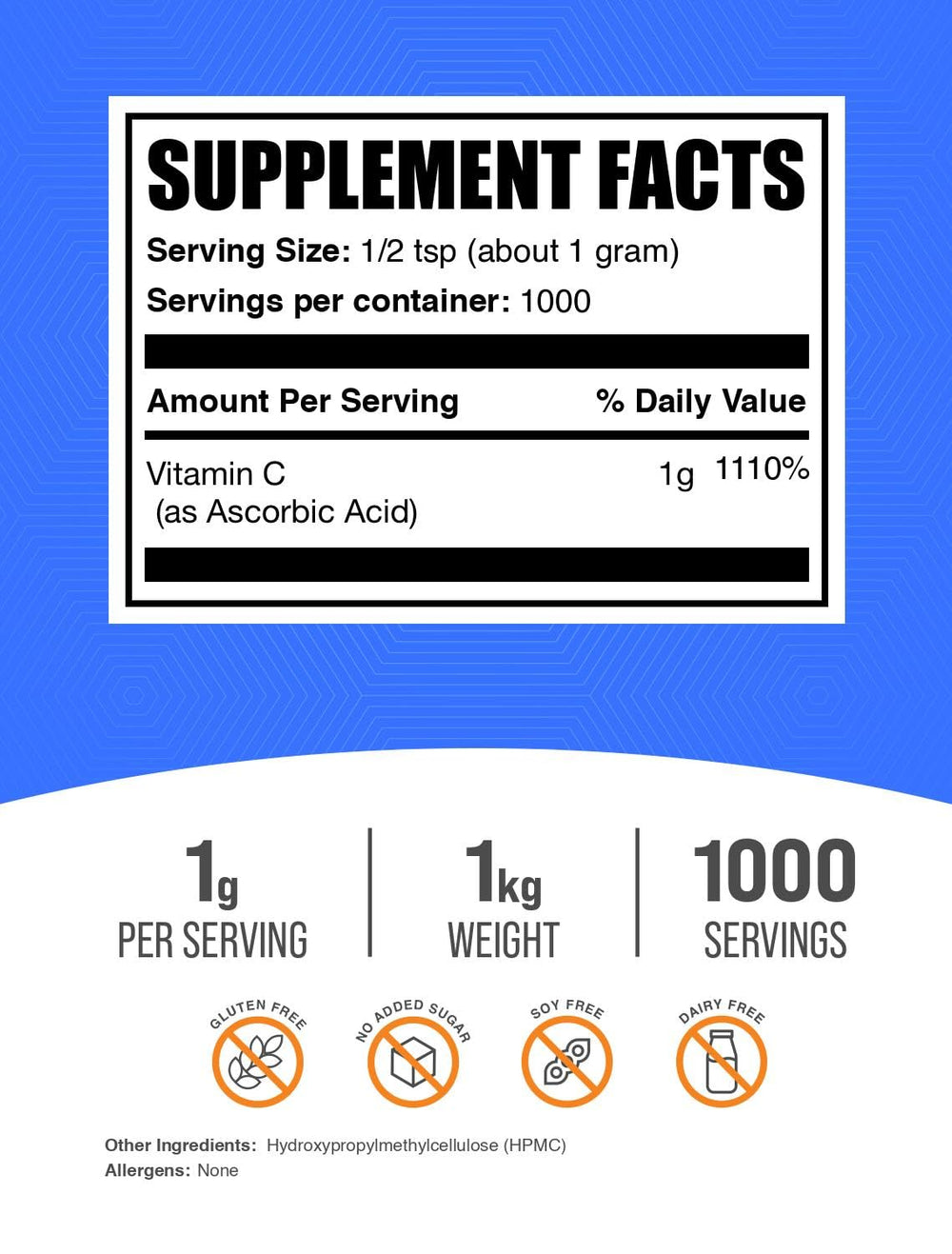 BulkSupplements Ascorbic Acid powder scoop ready for smoothie and beverage mix.