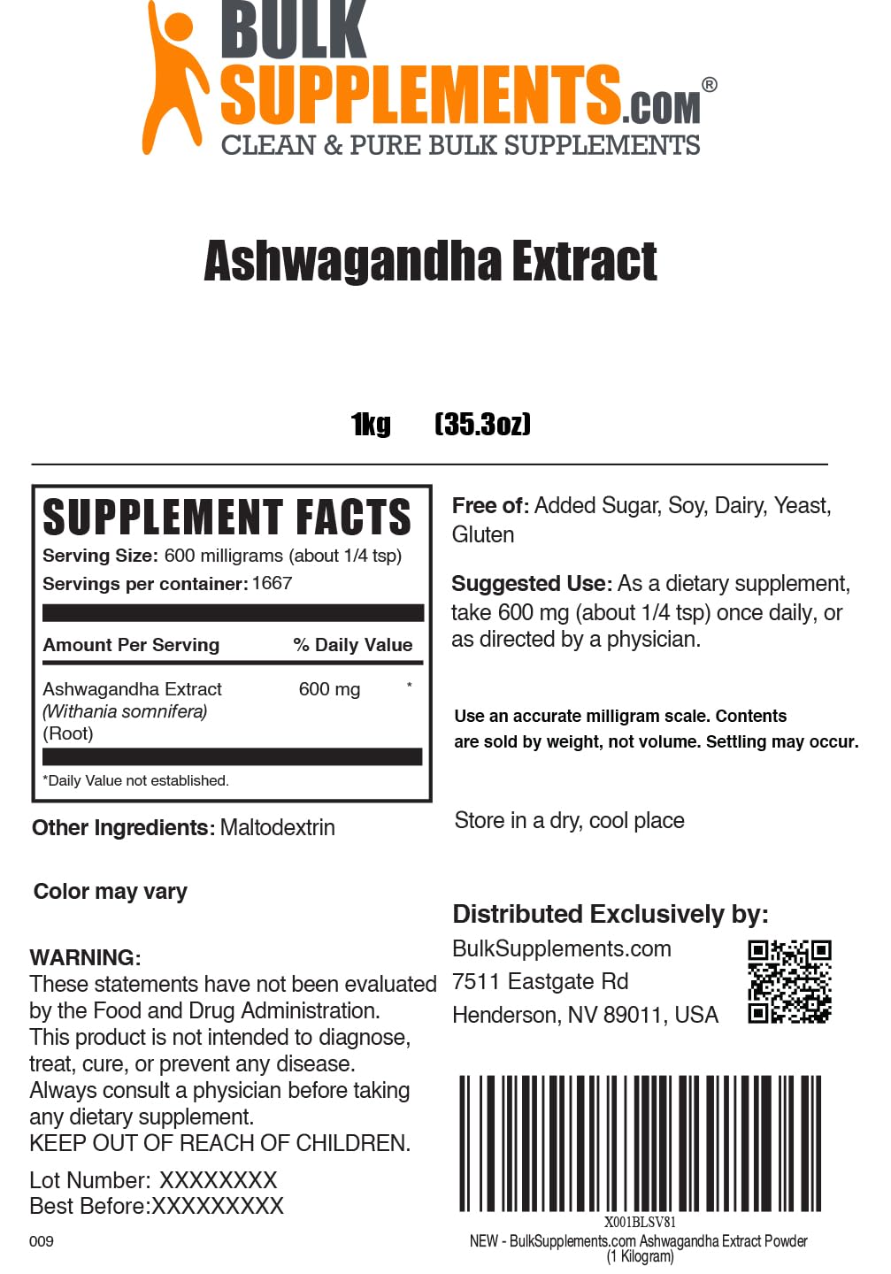 BulkSupplements Ashwagandha Root Extract Powder packaging highlighting quality and cGMP standards