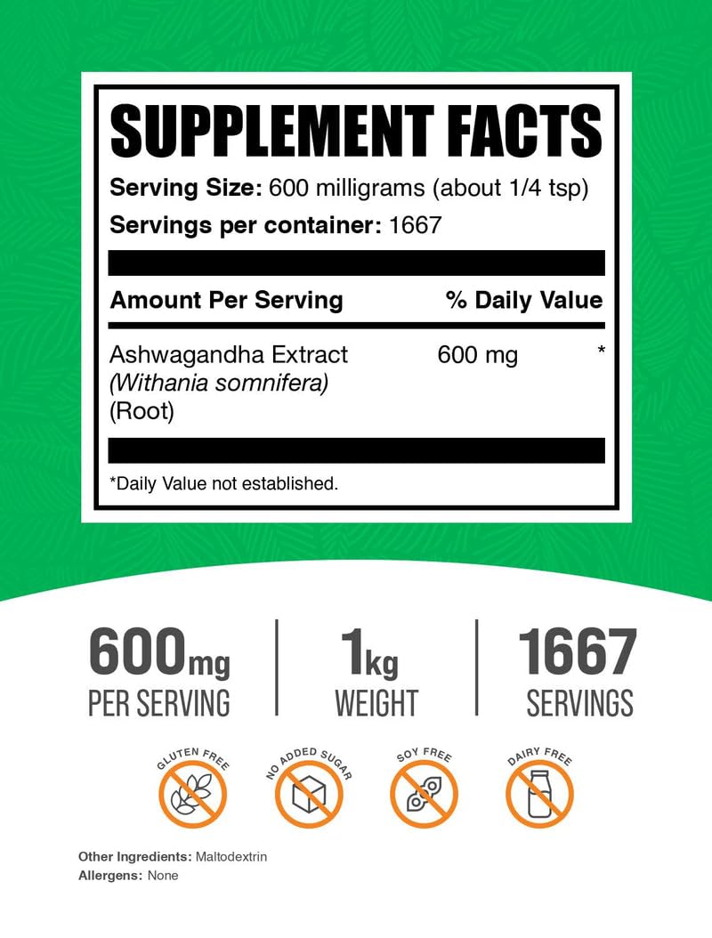 BulkSupplements Ashwagandha Root Extract Powder with a scoop for easy measuring